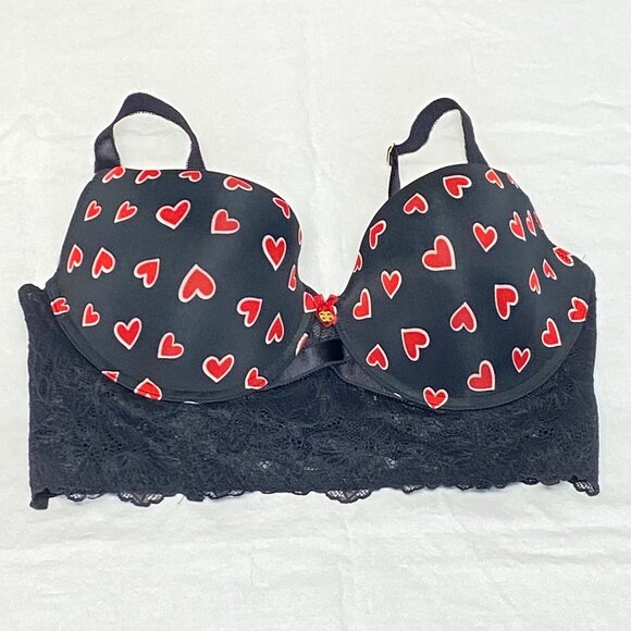 Daisy Fuentes Lace Long Line Hearts on Black Padded Underwire Bra Black Red 38DD - Picture 5 of 13